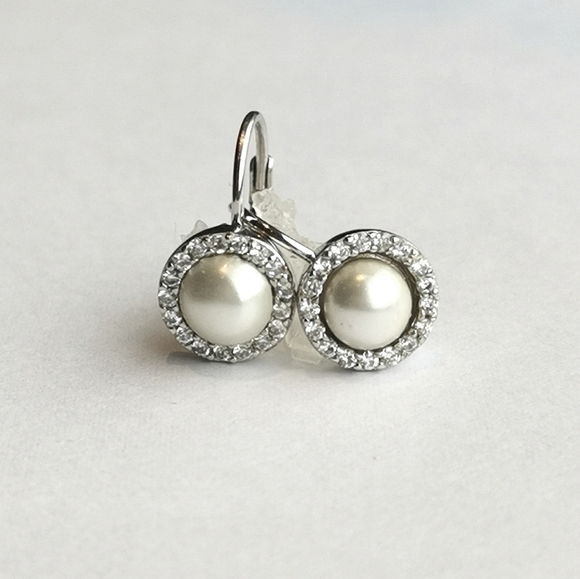 White Mabe pearl cz halo lever back earrings sterling silver 🆕 - Picture 7 of 8